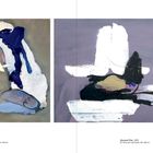 Links: „Ochi“, 2025, Ölgemälde. Rechts: „Squeeze Play“, 2025, Ölgemälde. Abstrakte Formen in gedeckten Farben.