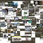 Das Bild zeigt eine collageartige Anordnung von Texten und Bildern. Texte benennen Personen, Orte und Projekte in verschiedenen Städten, häufig mit Seitenzahlen, wie z. B. "с. 36" oder "Künstlername (Land)." Bilder zeigen Kunstwerke oder Ausstellungen.