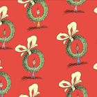 Illustration: Figuren halten Kränze mit großen Schleifen. Hintergrund ist rot, Figuren tragen bunte Kleidung.