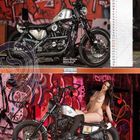 "01 Januar. Harley Davidson Sportster XL 1996. Frau auf Motorrad vor Graffiti. Kalender mit Datumsübersicht."