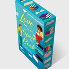 Buchtitel: "Love is an Open Book" von Chandra Blumberg. Illustration eines Mannes und einer Frau mit Büchern.