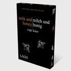 "milk and honey | milch und honig, rupi kaur" steht auf schwarzem Hintergrund. Weiße und goldene Bienen sind abgebildet.