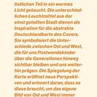 Text in orange Schrift auf hellem Hintergrund über Berlin, Ost-West-Unterschiede und symbolische Deutschlandkarte.