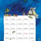 Kalender für Januar mit buntem Hintergrund, fliegenden Kreaturen und Illustrationen bei bestimmten Tagen.