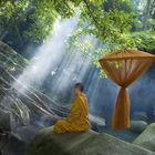 Ein Mönch in orangefarbener Robe sitzt meditierend auf einem Felsen im Wald, Sonnenstrahlen dringen durch die Blätter.