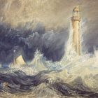 Gemälde eines stürmischen Meeres mit hohen Wellen, einem Leuchtturm und einem umkämpften Segelschiff im Hintergrund.