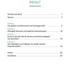 Überschrift: INHALT. Kapitel über Kinderwunsch, Elterngeld, Karriere, Resilienz. Seitenzahlen aufgeführt.