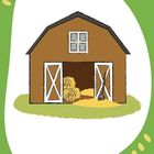 Braune Scheune mit offenen Türen, darin Heuballen. Grüner Hintergrund mit gelber Verzierung. Illustration.