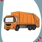 Illustration eines orangen Müllwagens mit sechs Rädern auf weißem Hintergrund, umgeben von blauer Form mit roten Punkten.