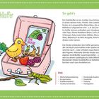 Erzählkoffer, Die Beere. Ein gelbes Küken und ein grüner Grashüpfer neben einem rosa Koffer voller Früchte und Buch.