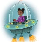 Illustration: Ein Kind steuert ein rundes Raumschiff mit Kuppel. Es hat einen Joystick und das Raumschiff schwebt mit Flammenantrieb.