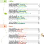 Text: Inhalt, Frühling, Sommer. Frühlingshafte Fingerspiele: Die Sonne scheint ins Nest. Sommerliche Fingerspiele: Fünf Zwerge.  
Farben: Grün für Frühling, Orange für Sommer.  
Dekore: Blumen, Schmetterlinge, Eiswaffel.