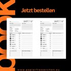 Text: "Jetzt bestellen," "www.papierfresserchen.eu." Layout für Social Media Content-Planung mit Checklisten und Icons.