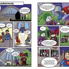 Comic: Hauptquartier der Justice League, Figuren diskutieren, Pizza, Superman, Joker. Zwei Bösewichte landen hinter Gittern.
