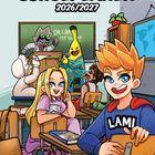 „Schulplaner 2026/2027“. Verrückte Comic-Klasse mit lachenden Figuren und Lehrer in bunter Umgebung.