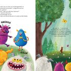 Links: Monster lachen (Hahaha, Hihi). Rechts: Monster im Wald. Ein Hase sitzt im Klee, ein Schmetterling fliegt.