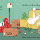 Texte: "schicke Socken", "EINZ Sock", "Stinke-Socken". Eine Ente sortiert Socken, daneben sitzt ein anderer Vogel auf dem Sofa.