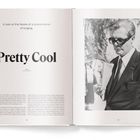 Text: "A look at the facets of a phenomenon of longing. Pretty Cool. Text by Ullo Moluctus." Schwarz-Weiß-Foto eines Mannes im Anzug mit Brille.