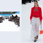 Die Zahl "17" ist unten rechts. Links: Winterliche Modenschau mit Holzhäusern. Rechts: Model mit rotem Pullover, weißem Rock.