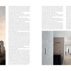 Zwei Spalten mit dichtem Text, links ein Hochhaus, rechts ein eleganter Flur mit moderner Kunst und großen Fenstern.