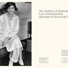 "The Architect of Modernity: Coco Chanel and the Liberation of the Female Form." Frau in elegantem weißen Outfit sitzend.
