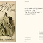 Das Bild links zeigt eine alte Louis Vuitton-Werbung mit einer elegant gekleideten Frau und Koffern. Rechts ein Text über Louis Vuitton.