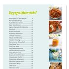 Rezeptübersicht mit Nummern: Pasta-Chips 6, Mini-Schnitzel-Wraps 8, Nudel-Schinken-Gratin 10. Rechts Bilder von Speisen.