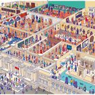 Es ist eine bunte Illustration eines belebten Museums mit Ausstellungsräumen voller Skulpturen, Gemälden und vielen Besuchern.