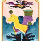 Illustration: Ein gelbes und ein violettes Handschuhpaar halten einen Kelch und ein Kleeblatt. Ein Ritter reitet auf einem Pferd oben.