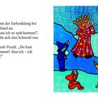 Text: Der Farbenkönig kommt außer Puste an und hat Angst vor Verspätung; grüne Figur ist unbesorgt. Illustration: Bunte Figuren.