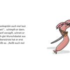 Text über Piratenkapitän. Rechts zwei Würste in Piratenkostümen mit Bandanas und Schwertern.