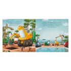 Texte: „die Terrassenfliesen“, „spinnst du?“. Illustration von Baustellenfahrzeugen bei Arbeiten nahe einem Pool.