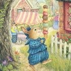 Text "Eiscrem" auf einem Wagen. Illustration: Ein Hase trägt lächelnd viele Eiskugeln. Weitere Hasen im Hintergrund.