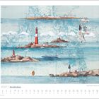 JANUAR 2027 | Nordlichter. Eine Illustration zeigt Küstenlandschaft mit Leuchttürmen und Möwen über einer Seekarte.