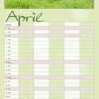 Text: "April", darunter Wochentage und Datum in einer Tabellenansicht. Oben eine Gruppe galoppierender Pferde. Unten ein Pferd und ein Fohlen.