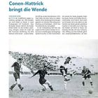 WM 1934 IN ITALIEN  
Conen-Hattrick bringt die Wende  
Vor dem Spiel: Ein 9:1 gegen Luxemburg reichte.  
Historische Aufnahme: Spielszene mit drei Spielern auf dem Feld.