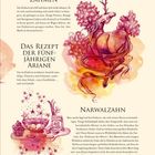 **Das Einhorn zähmen. Das Rezept der fünfjährigen Ariane. Narwalzahn.** Text beschreibt Einhörner und Narwale. Illustrationen in Rosa und Orange.