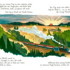 Text: Gefühl für Geographie verloren, Zug Fahrt, spiegelndes Abteilfenster.  
Illustration: Zuglandschaft bei Sonnenuntergang.