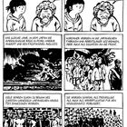 Comic mit sechs Panels. Gespräche über Krieg, historische Ereignisse. Bilder von Menschen, Explosionen, Soldatenformationen.