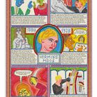 Ein bunter Comic-Stil mit sechs Panels erzählt die Geschichte der Künstlerin Hermine Moos und ihrer bekanntesten Werke.