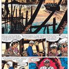 In einer Illustration: Ein Boot nähert sich einem Steg bei Sonnenuntergang. Zwei Menschen sprechen darüber, auf einer Insel anzukommen.