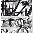 Illustration mit Palmen, einem Schiff und Menschen, die auf einer Tropeninsel sprechen. Dialoge über Ankunft und Erinnerungen.