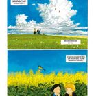 Oben: "Ange und ich tappten beide im Nebel, jeder auf seine Weise ... Wir verstanden uns schnell." Unten: "Es war ein gesegneter Frühling, voller Vögel, Blumen und dem Duft von Raps ..."

Zwei Kinder auf einer Wiese, Wolken und Vögel am Himmel, gelbe Rapsblüten im Hintergrund.