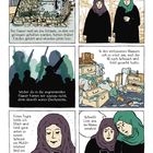 Illustration: Szenen in und um ein verfallenes Gebäude, zwei Frauen, verlassene Häuser, bewaffnete Silhouetten, gefundenes Handy.