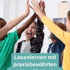 Text: "Lesenlernen mit praxisbewährten Lautlese-Methoden!" Vier Kinder machen einen freudigen High-Five.