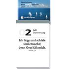 "Ich liege und schlafe und erwache; denn Gott hält mich. Psalm 3,6." Darüber befinden sich Segelboote auf dem Meer.