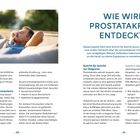 "WIE WIRD PROSTATAKREBS ENTDECKT?", Schritt für Schritt zur Diagnose, Beginn mit dem ärztlichen Gespräch. 

Links Mann in blauer Kleidung auf Sofa, entspannt.