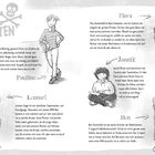 Text: Die grünen Piraten. Pauline: 10 Jahre, selbstständig. Flora: 8 Jahre, zeichnet gern. Lennart: Draufgänger. Jannik: Tierfreund. Ben: Guter Fußballer. Illustrationen von fünf Kindern in unterschiedlichen Posen.