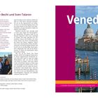 Texte: "Venedig", "Sabine Becht und Sven Talaron", "Unterwegs mit", "3. komplett überarbeitete und aktualisierte Auflage 2026." 

Links: Beschreibung und Bild von zwei Menschen. Rechts: Foto von Venedig mit Kanal und Architektur.