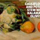 "CAULIFLOWER AND POTATO STEW WITH KALAMATA OLIVES." Gemälde eines Blumenkohls mit zwei runden Früchten.